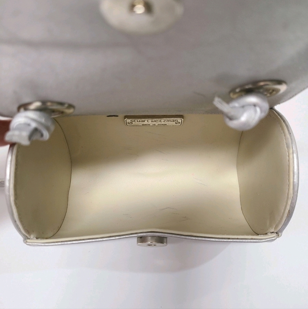 Stuart Weitzman VINTAGE Silver Satin Round Crossbody Bag with Leather Strap - Picture 10 of 14